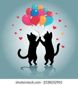 ilustração vetorial do casal de gatos com balões de amor.