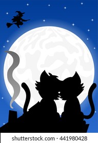 vector illustration of a cat couple on a roof at full moon