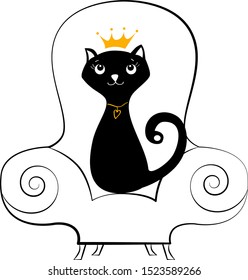 Vector illustration of a cat in a crown sitting in a chair