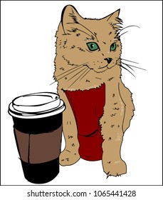 vector illustration. cat with cup of coffee