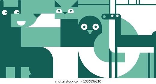 Vector illustration of cat, deer, dog, bird