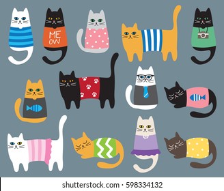 Vector illustration of cat in different colors and clothes.
