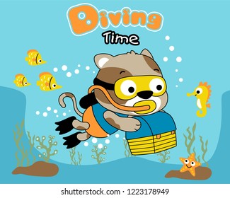 Vector illustration of cat diving on blue sea background, cat carrying treasure chest undersea, marine animals