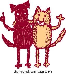 Vector illustration of cat and dog friends