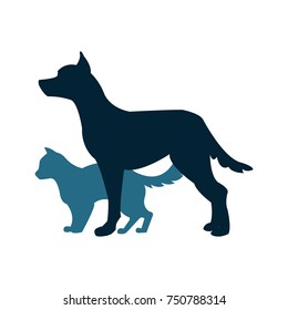 Vector illustration with a cat and dog silhouette on the colorless background
