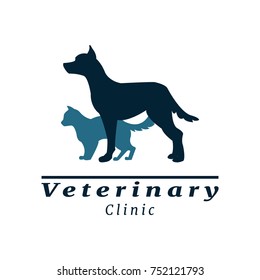 Vector illustration with a cat and dog silhouette on the colorless background. Vet logo clinic