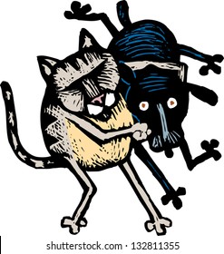 Vector illustration of cat and dog wrestling