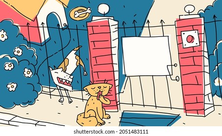 Vector Illustration Cat And Dog Yard