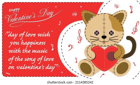 Vector illustration of a cat doll holding a heart-shaped instrument. Red background musical notes geometric shapes music notes for the festival of love and valentine's day.