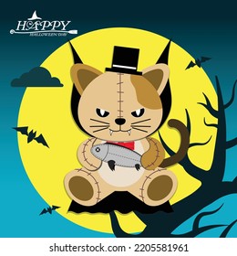 Vector Illustration Of A Cat Doll In A Vampire Costume. Night Background With Full Moon On The Back. For Decoration On Halloween