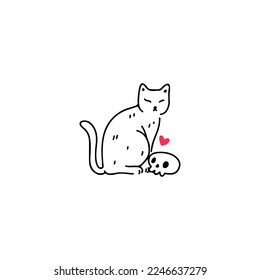 vector illustration of cat and doodle skull
