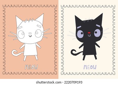 vector illustration of a cat in doodle style. double page with black cat illustration in color and without color, for children coloring
