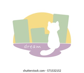 vector illustration, cat dreaming and looking at the city