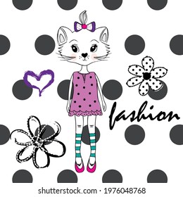 Vector illustration of cat in a dress. Cartoon white cat on polka dots background.