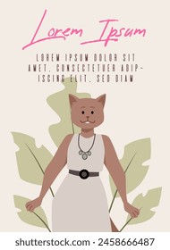 Ilustración vectorial de un gato vestido como un humano sobre un fondo frondoso. Ideal para carteles con Imagen de animal antropomórfico y espacio para texto.