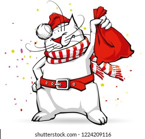 vector illustration of a cat dressed as Santa with a bag of gifts white background