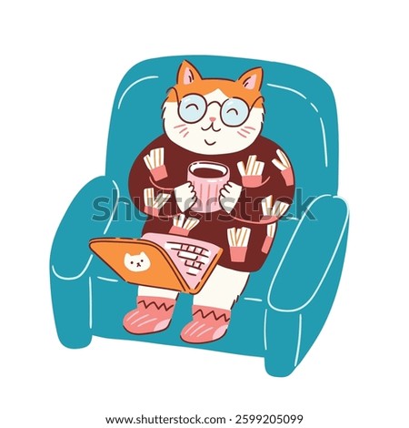 Vector illustration cat  drink coffee and relax on arm-chair. Funny illustration for greeting card or poster design. Cat freelancer works remotely from home. Сat watches the series and drinks coffee