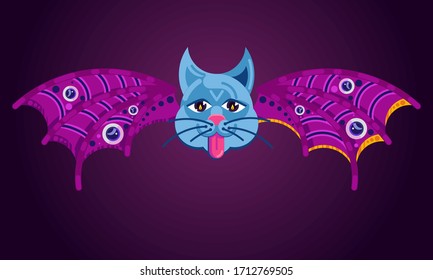 Vector illustration. Cat face with bat wings and eyeballs. Occult Symbols. On a dark gloomy background.