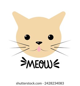 Ilustración vectorial de una cara de gato en estilo plano. Lindo divertido pet.Simple dibujo infantil con texto maullido.