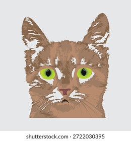 Vector illustration cat face striking green eyes detailed furry texture digital artwork cute feline portrait