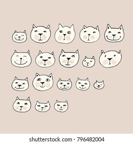 Vector illustration of cat faces. Cartoon hand drawn slyle for background, greeting card, poster.