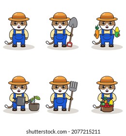 Vector illustration of Cat farmer cartoon. Cute farmer character design with straw hat. Character flat design. isolated on white.
