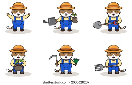 Vector illustration of Cat farmer cartoon. Cute Cat farmer character design with straw hat. Character flat design.