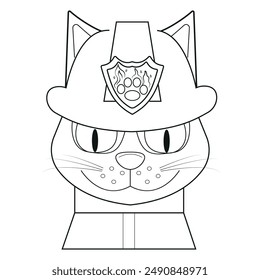 vector illustration of a cat in a fireman's uniform and helmet drawn in line art style, isolated on white background