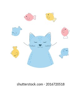 Vector illustration of cat and fish. Funny cat and fish. Cat big love.
