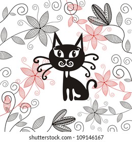 Vector illustration of cat and floral background