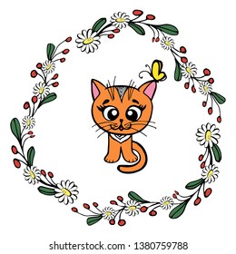 Vector illustration with cat and floral frame