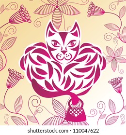 Vector illustration of cat and floral pattern background