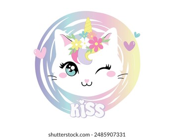 Vector illustration, cat and flowers on a colored circle. Design for printing on shirt, Templates for celebration, poster, banner. Lovely print for t-shirt