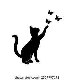 Vector illustration of a cat with a flying butterfly silhouette, elegant and artistic design.