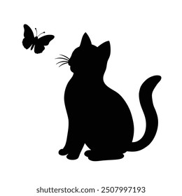 Vector illustration of a cat with a flying butterfly silhouette, elegant and artistic design.