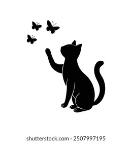 Vector illustration of a cat with a flying butterfly silhouette, elegant and artistic design.