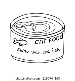 Vector illustration of cat food. An isolated object made of canned cat food in the style of doodles. Veterinary medicine for cats