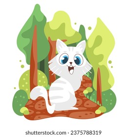 Vector illustration of a cat in the forest in a cute cartoon style.