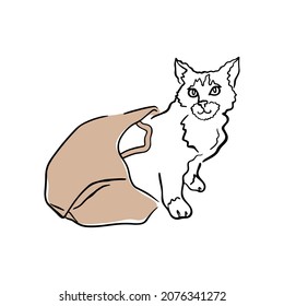 Vector illustration of a cat getting out of the package. Craft paper bag and cat line art, sketch. Isolated over white background.