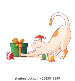 Vector illustration of cat with gift box, christmas balls. Illustration for design, decoration, poster. Merry Christmas, cozy winter, New Year concept.