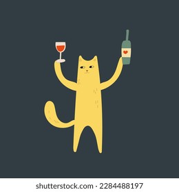 Vector illustration with cat and glass of wine. Funny bar poster, apparel print design with domestic animal 