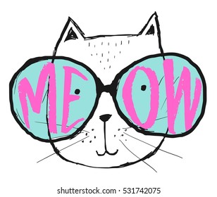 Ilustração vetorial com gato em óculos. Cartaz bonito tipografia preto e branco com letras - miau. Design de impressão estilo hipster