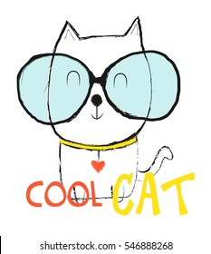 Vector illustration with cat in a glasses. Cute typography black and white poster with lettering - meow. Hipster style print design