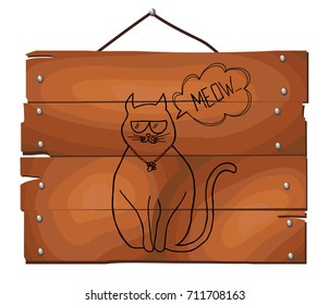 Vector illustration with cat in a glasses on wooden plank background. cat funny.