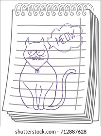 Vector illustration with cat in a glasses on notebook background. cat funny.