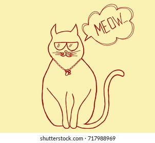 Vector illustration with cat in a glasses on color background. cat funny.
