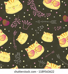 Vector illustration. Cat in glasses. Points in the form of the heart. Sketch of crown, berries, branches, arrows. Dark background. Seamless vector pattern.