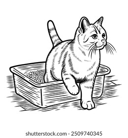 Ilustração vetorial de um gato indo para sua caixa de lixo em estilo de arte de linha