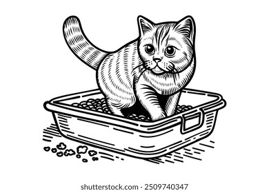 Vector illustration of a cat going to its litter box in line art style