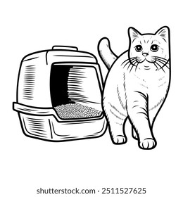 Vektorgrafik einer Katze, die in ihrem Wurfkasten im Linienkunststil geht